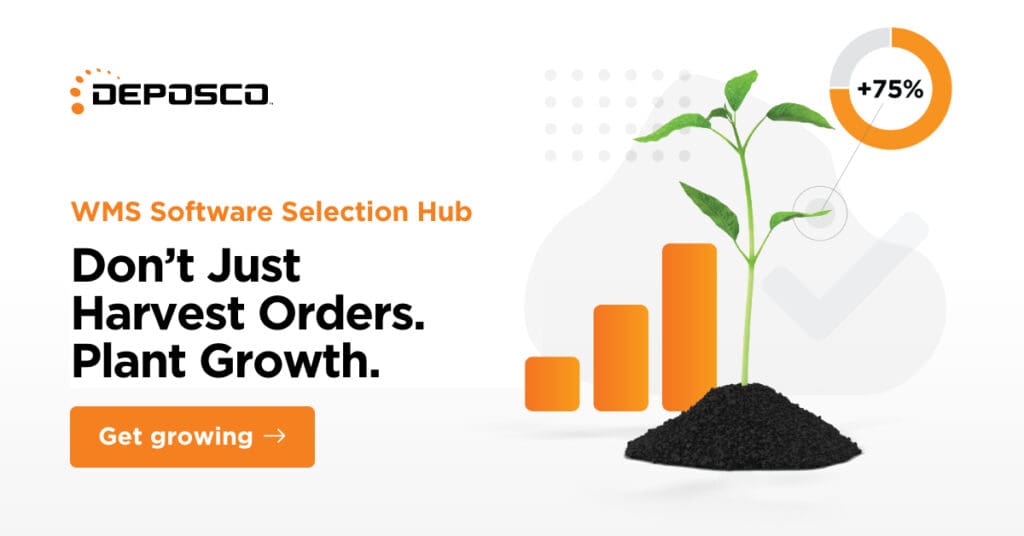 Promotional graphic for WMS software comparison hub featuring a slogan: "Don't just harvest orders. Plant growth." with an illustration of a growing bar chart and a plant, indicating increasing success or profits