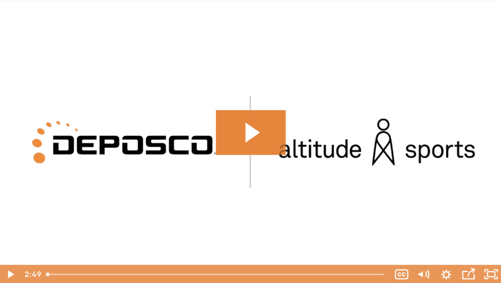 A video thumbnail features the Deposco logo on the left and the Altitude Sports logo on the right, with an orange play button in the center, hinting at insights into their warehouse management system.