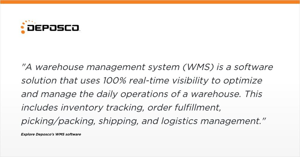 Depasco logo with text describing a warehouse management system (WMS) software designed for streamlining and optimizing warehouse operations, focusing on inventory tracking and efficient logistics management.