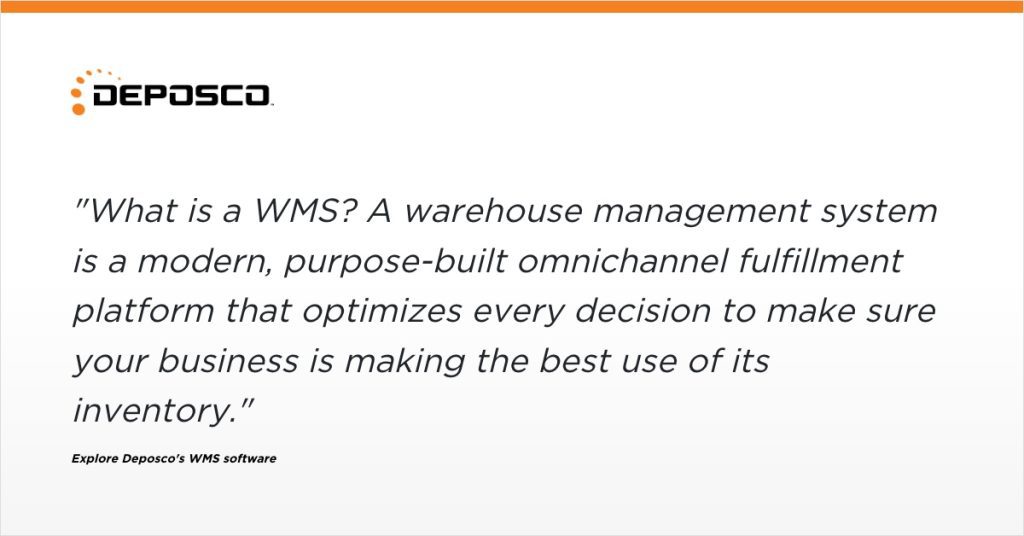 A quote from Deposco about warehouse management systems (WMS) as modern tools for optimizing business inventory, followed by a prompt to explore Deposco's advanced warehouse management system software.