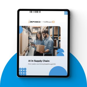 A tablet showcases a digital magazine titled "AI in Supply Chain: How Leaders are Driving Breakthrough ROI," featuring two people in a warehouse setting, underlining the transformative power of AI logistics solutions.