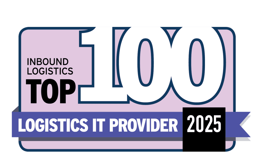 Top 100 Logistics IT Provider 2025" badge from Inbound Logistics, showcasing bold text and a ribbon design.