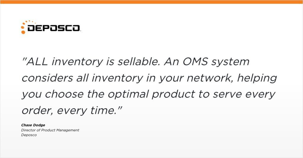 Deposco logo and quote: "ALL inventory is sellable..." highlighting how an OMS system can improve inventory accuracy by choosing the best product to fulfill orders; attributed to Chase Dodge.