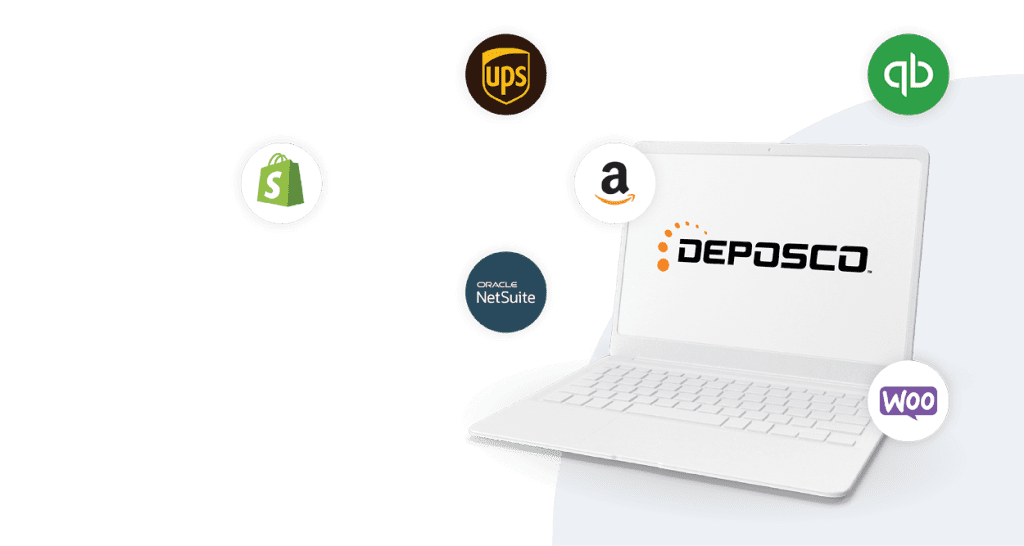 A white laptop displaying the Depasco logo is surrounded by logos for UPS, QuickBooks, Amazon, Shopify, Oracle NetSuite, and WooCommerce—highlighting seamless integration and support for advanced warehouse management.