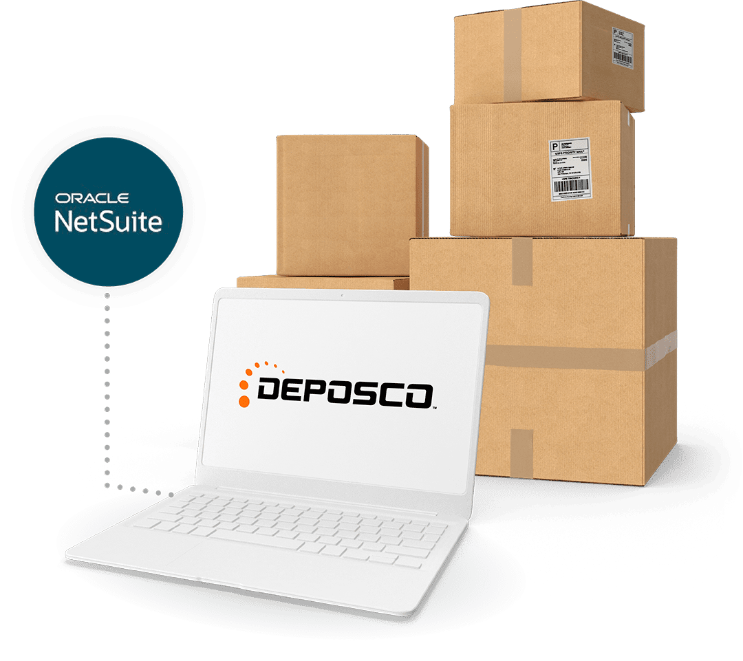 White laptop displaying the Deposco logo on screen, connected by dotted lines to the Oracle NetSuite logo in a teal circle on the left. Behind the laptop is a stack of various sized cardboard shipping boxes with shipping labels and barcodes, representing e-commerce fulfillment integration between the two platforms.