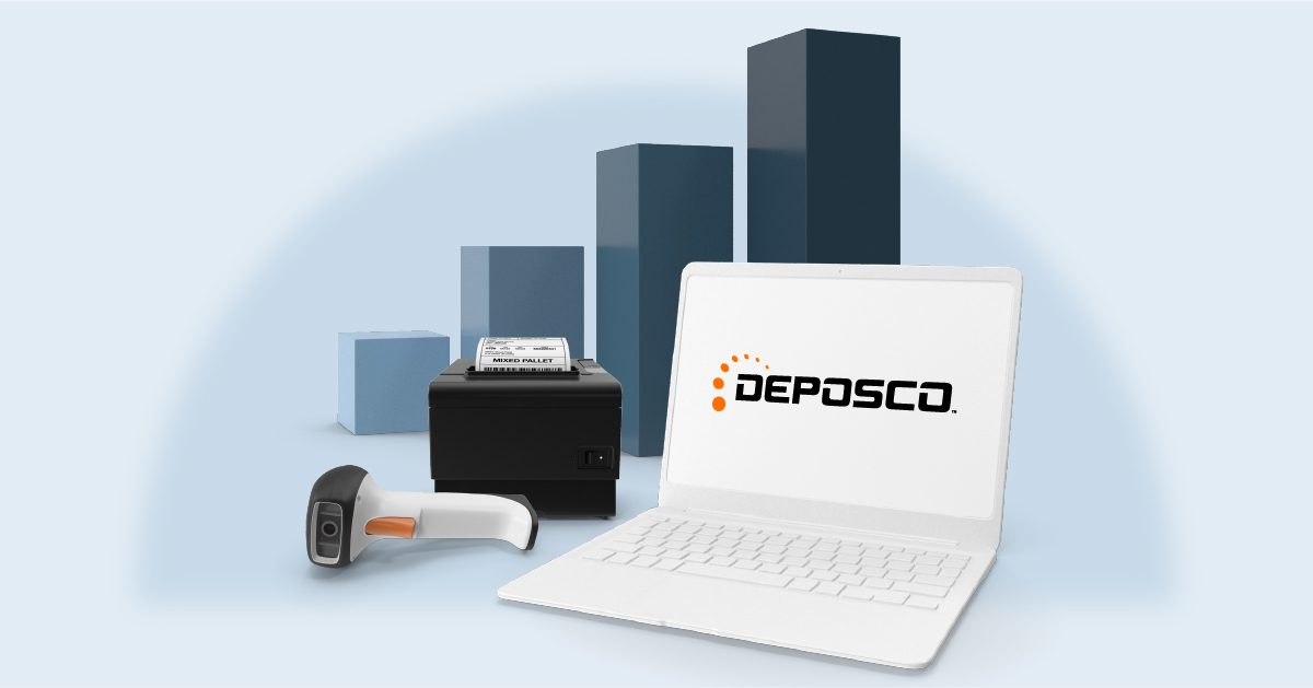 White laptop displaying the Deposco logo on screen, with the Oracle NetSuite logo in a teal circle connected by dotted lines, set against a blurred background of stacked cardboard shipping boxes.