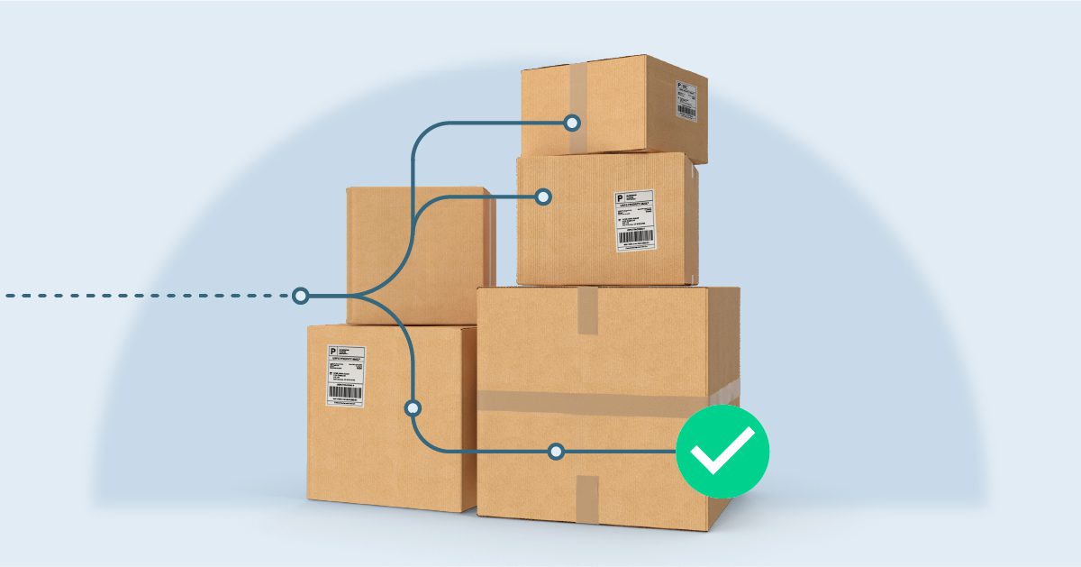 Integration diagram showing Deposco and Oracle NetSuite logos connected by flowing lines to a stack of labeled cardboard shipping boxes with barcodes and shipping labels. A green checkmark circle indicates successful integration or completion.