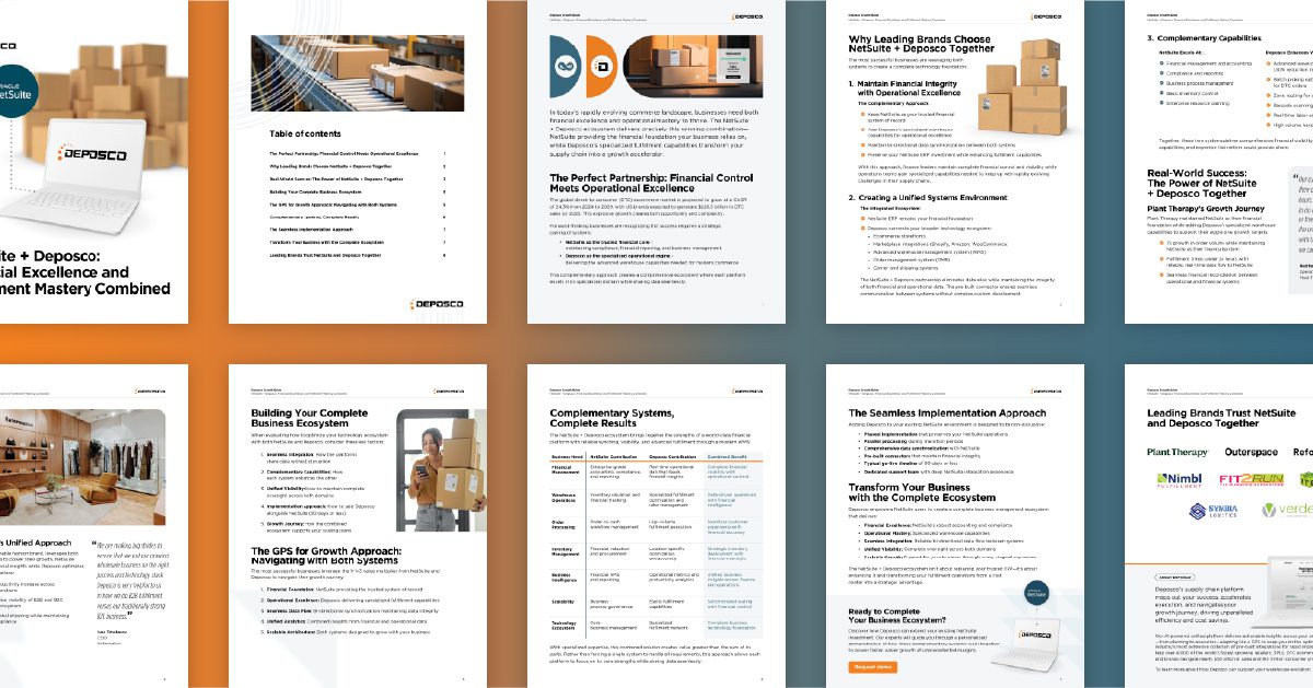 Multi-page business document or whitepaper spread showing various pages with content about NetSuite and Deposco integration. Pages feature orange and teal branding, charts, text sections, and images of warehouse/shipping operations and business meetings.